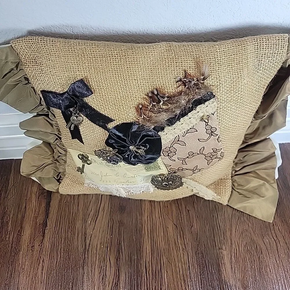 Handmade Burlap Shabby French Rustic Chic Pillow Steampunk inspired metal accent